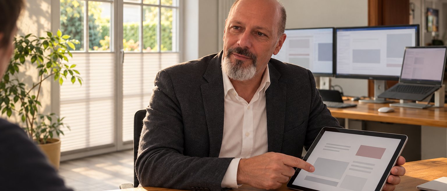 Andreas Lerch bespricht Unterlagen mit einem Kunden (KI-generiertes Bild)