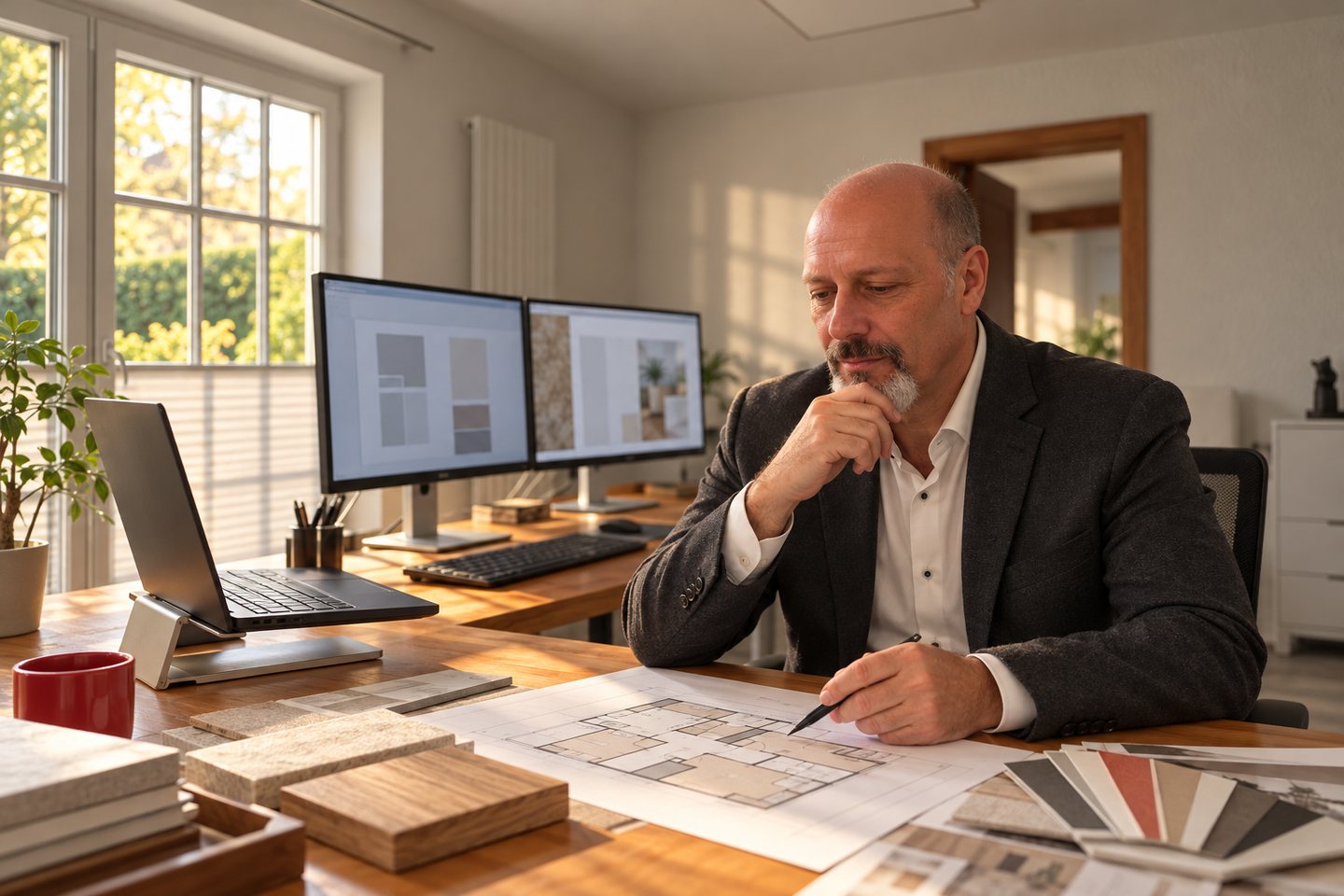 Andreas Lerch am Arbeitstisch mit Grundriss, Laptop und Papiermustern (KI-generiertes Bild)