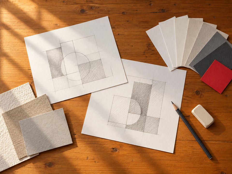 Logoskizzen, Papiermuster und Farbfächer auf einem Gestaltungstisch (KI-generiertes Bild)